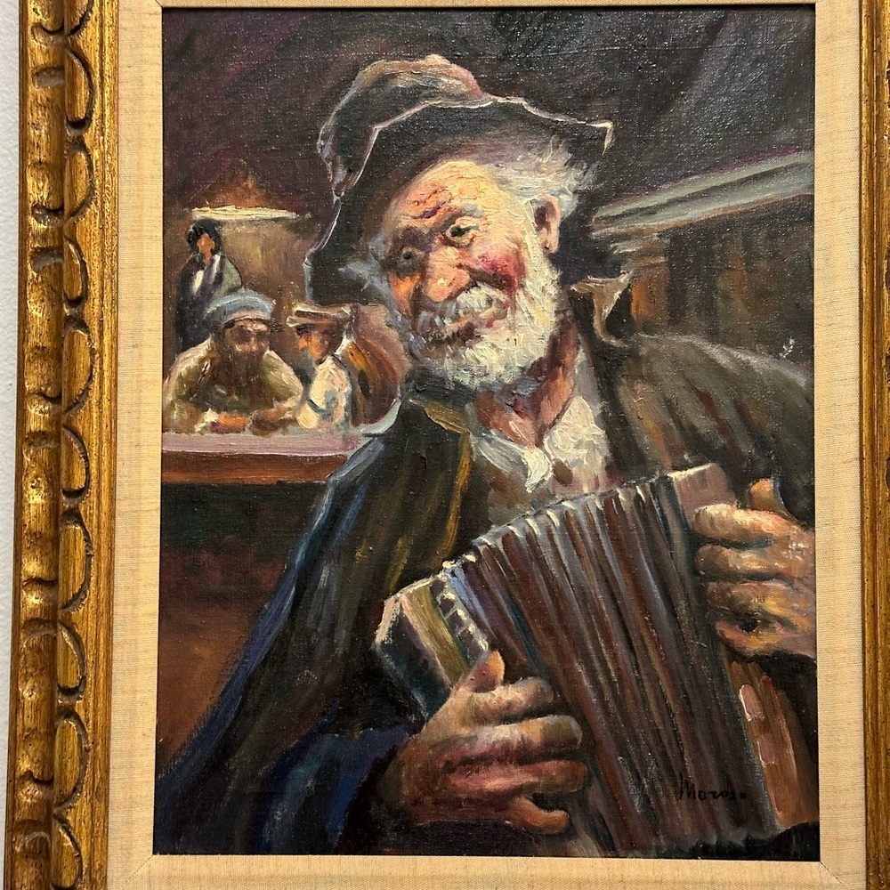 Vintage 3th quarter 20th century org painting elderly busker playing squeeze box - Picture 3 of 14